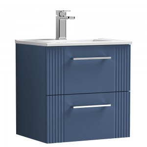 Deco Satin Blue 500mm Wall Hung 2 Drawer Vanity Unit with Minimalist Basin