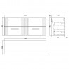 Deco 1200mm Wall Hung 4 Drawer Vanity Unit & Laminate Worktop - Soft Black/Sparkle White - Technical Drawing