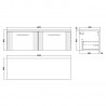 Deco 1200mm Wall Hung 2 Drawer Vanity Unit & Laminate Worktop - Soft Black/Carrera Marble - Technical Drawing
