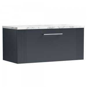 Deco 800mm Wall Hung Single Drawer Vanity Unit & Laminate Worktop - Soft Black/Carrera Marble