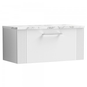 Deco 800mm Wall Hung Single Drawer Vanity Unit & Laminate Worktop - Satin White/Carrera Marble