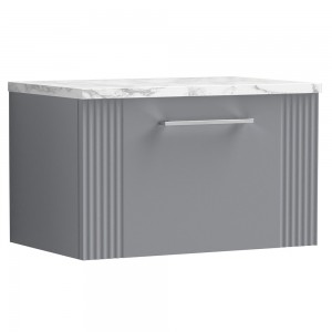 Deco 600mm Wall Hung Single Drawer Vanity Unit & Laminate Worktop - Satin Grey/Carrera Marble