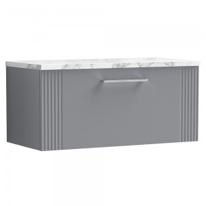 Deco 800mm Wall Hung Single Drawer Vanity Unit & Laminate Worktop - Satin Grey/Carrera Marble