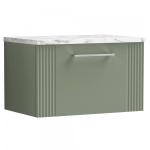 Deco 600mm Wall Hung Single Drawer Vanity Unit & Laminate Worktop - Satin Green/Carrera Marble