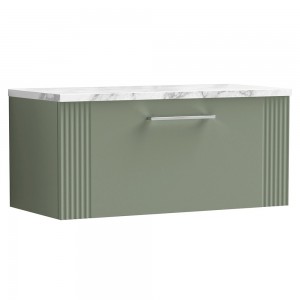 Deco 800mm Wall Hung Single Drawer Vanity Unit & Laminate Worktop - Satin Green/Carrera Marble