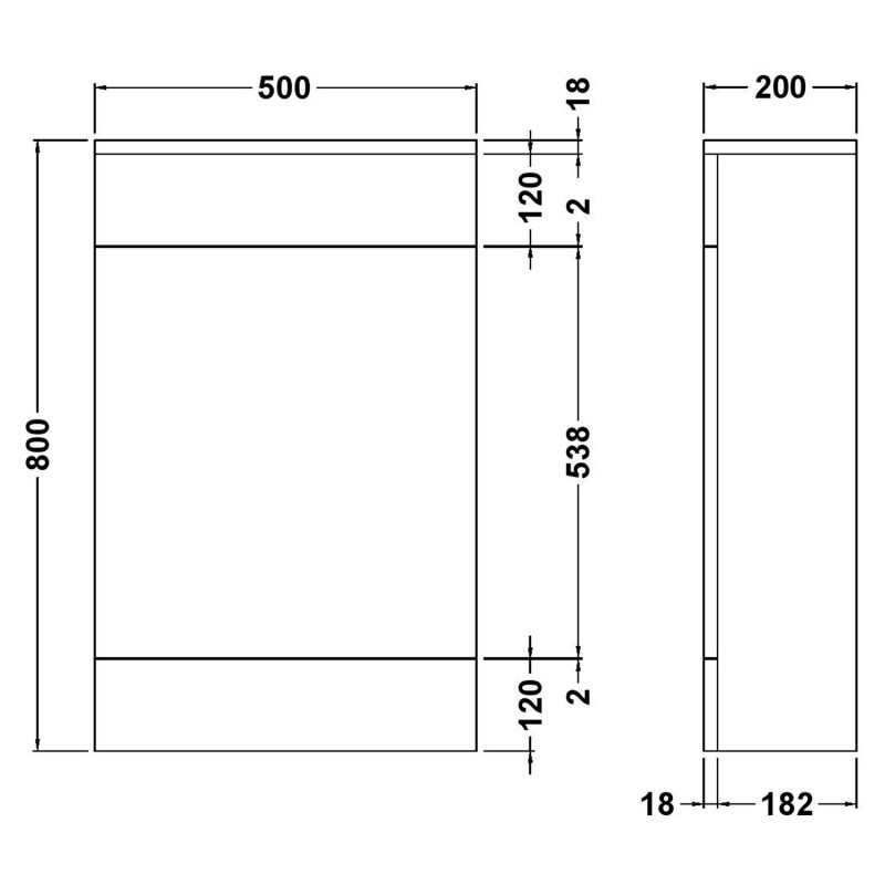 Eden 500mm (w) x 800mm (h) x 200mm (d) Toilet Unit - Technical Drawing