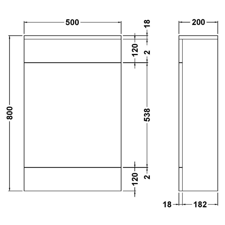 Eden 500mm (w) x 800mm (h) x 200mm (d) Toilet Unit - Technical Drawing