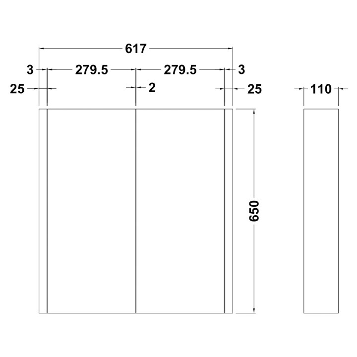 Eden 600mm (w) x 650mm (h) x 110mm (d) 2 Door Mirror Cabinet - Technical Drawing