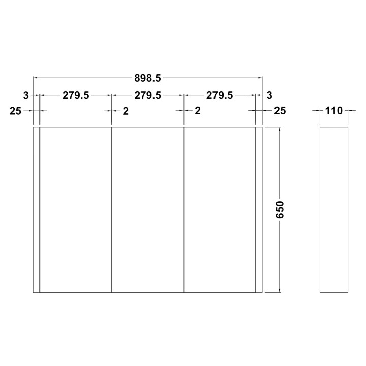 Eden 900mm (w) x 650mm (h) x 110mm (d) 3 Door Mirror Cabinet - Technical Drawing