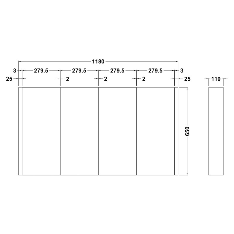 Eden 1200mm (w) x 650mm (h) x 110mm (d) 4 Door Mirrored Cabinet - Technical Drawing