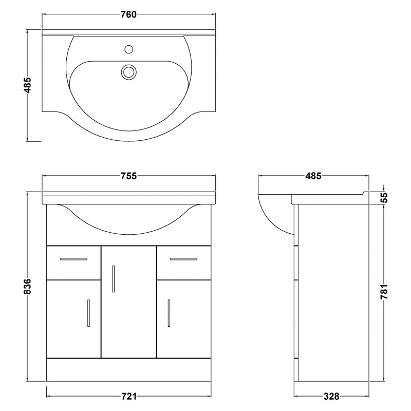 Mayford Gloss White 755mm (w) x 836mm (h) x 485mm (d) Floor Standing 750mm Cabinet & Basin - Technical Drawing