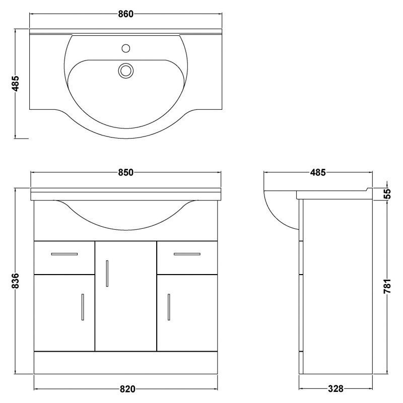 Mayford Gloss White 855mm (w) x 836mm (h) x 485mm (d) Floor Standing 850mm Cabinet & Basin - Technical Drawing