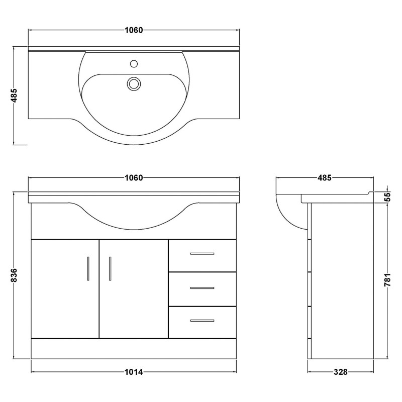 Mayford Gloss White 1050mm (w) x 836mm (h) x 485mm (d) Floor Standing 1050mm Cabinet & Basin - Technical Drawing