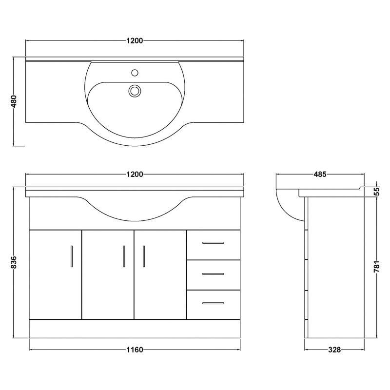 Mayford Gloss White 1200mm (w) x 836mm (h) x 480mm (d) Floor Standing 1200mm Cabinet & Basin - Technical Drawing