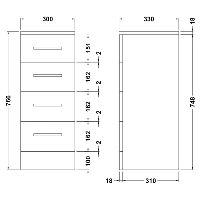 Mayford Gloss White 300mm (w) x 766mm (h) x 330mm (d) 4 Drawer Unit - Technical Drawing