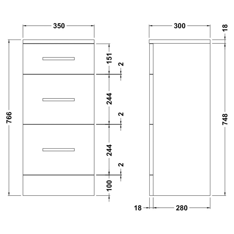 Mayford Gloss White 350mm (w) x 766mm (h) x 300mm (d) 3 Drawer Unit - Technical Drawing