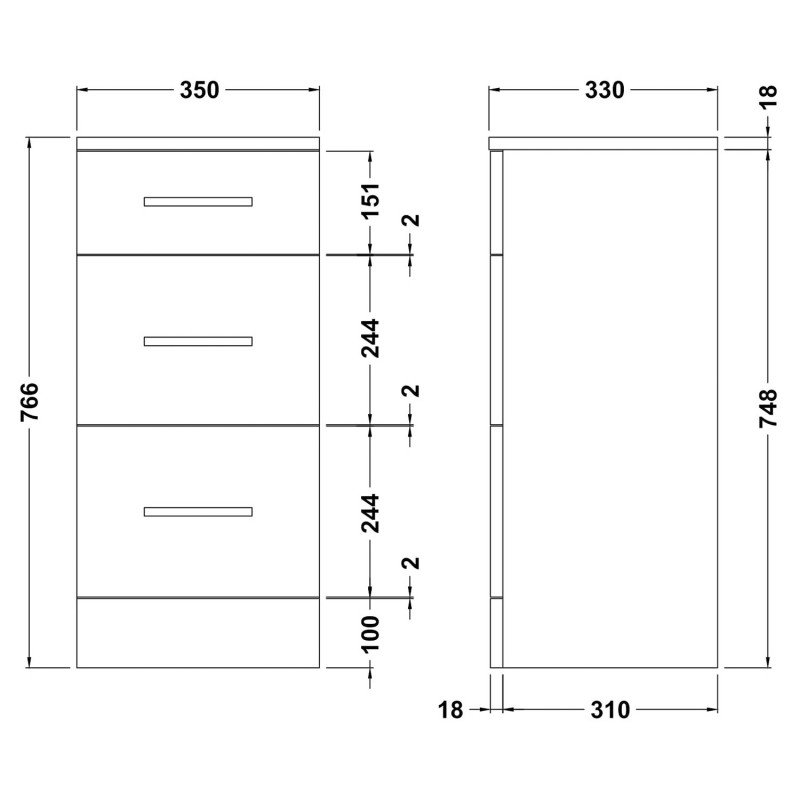 Mayford Gloss White 350mm (w) x 766mm (h) x 330mm (d) 3 Drawer Unit - Technical Drawing