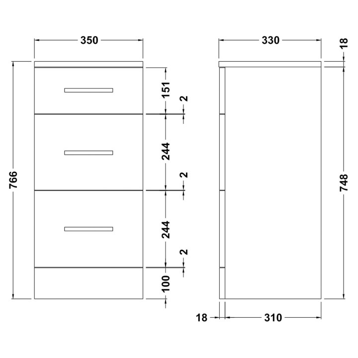 Mayford Gloss White 350mm (w) x 766mm (h) x 330mm (d) 3 Drawer Unit - Technical Drawing