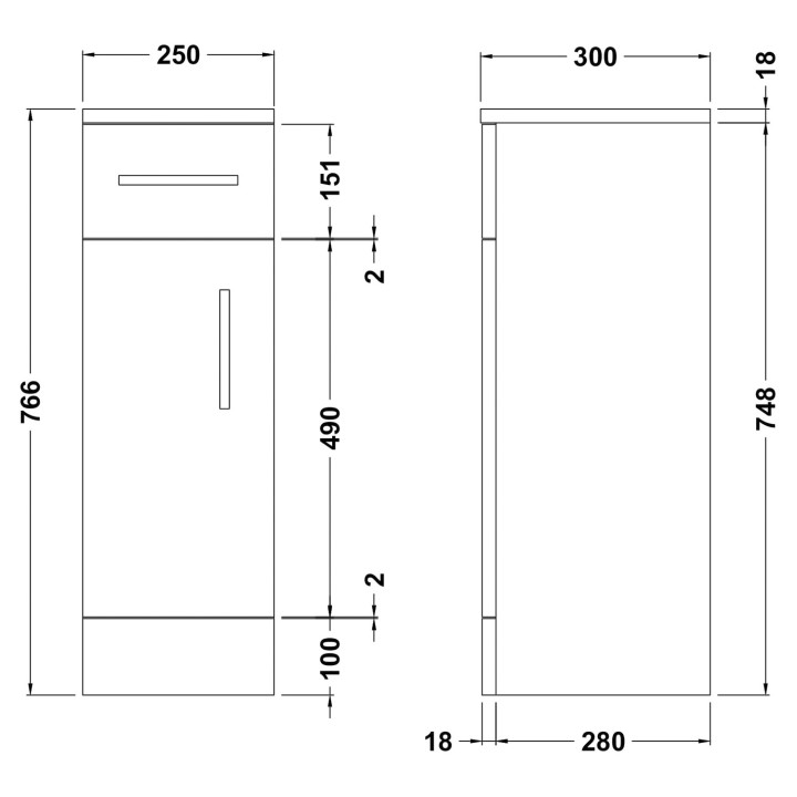 Mayford Gloss White 250mm (w) x 766mm (h) x 300mm (d) Cupboard - Technical Drawing
