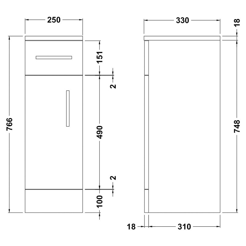 Mayford Gloss White 250mm (w) x 766mm (h) x 330mm (d) Cupboard - Technical Drawing