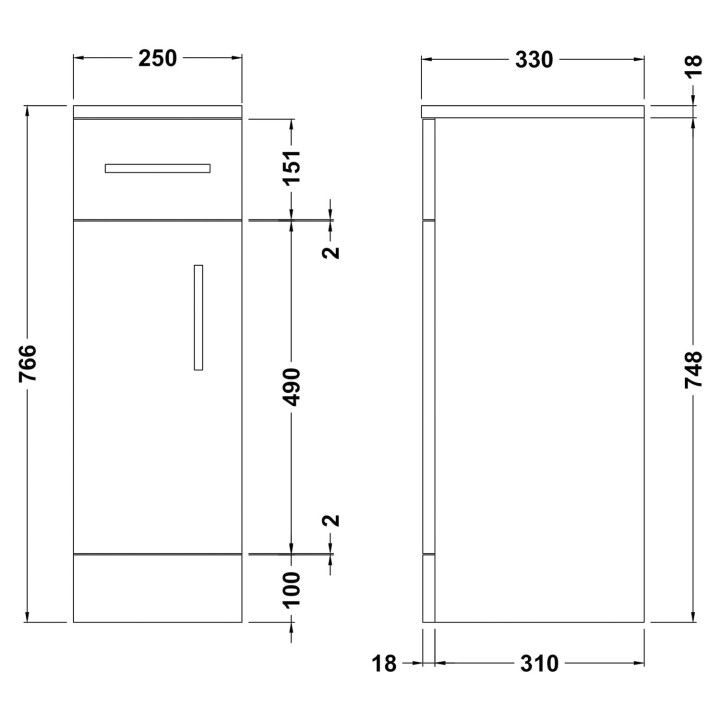 Mayford Gloss White 250mm (w) x 766mm (h) x 330mm (d) Cupboard - Technical Drawing