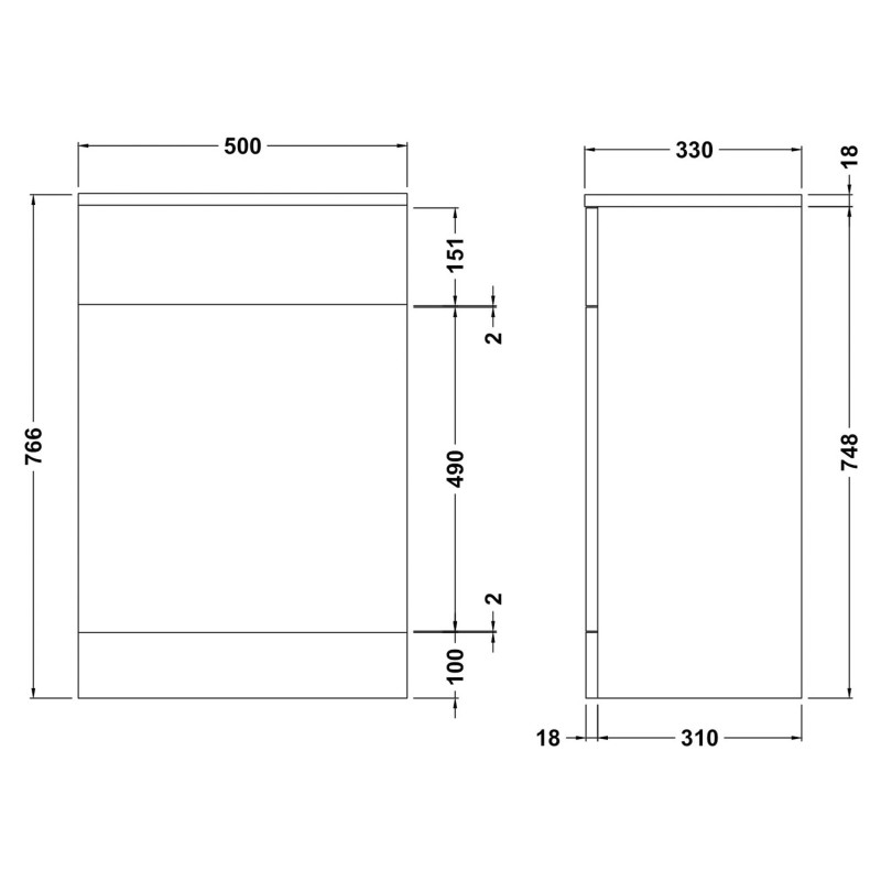 Mayford Gloss White 500mm (w) x 766mm (h) x 330mm (d) Toilet Unit - Technical Drawing