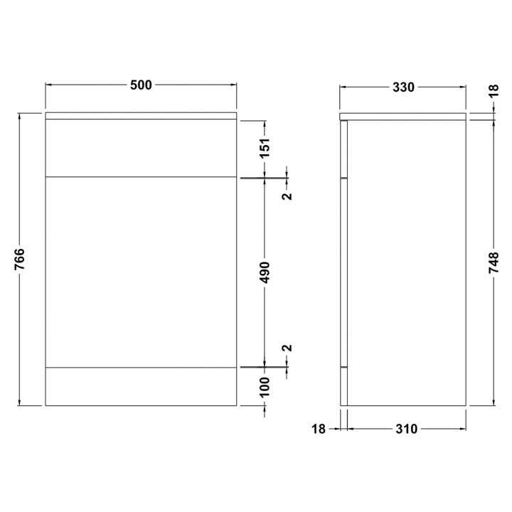 Mayford Gloss White 500mm (w) x 766mm (h) x 330mm (d) Toilet Unit - Technical Drawing