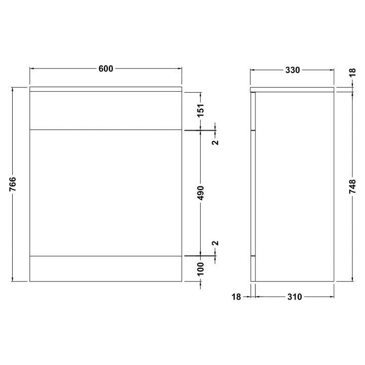 Mayford Gloss White 600mm (w) x 766mm (h) x 330mm (d) Toilet Unit - Technical Drawing