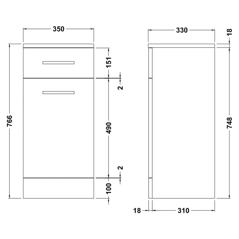 Mayford Gloss White 330mm (w) x 765mm (h) x 350mm (d) Laundry Unit - Technical Drawing