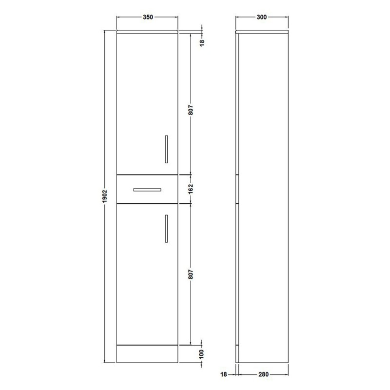 Mayford Gloss White 350mm (w) x 1902mm (h) x 300mm (d) Tall Unit - Technical Drawing