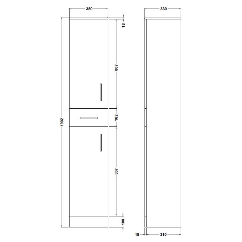 Mayford Gloss White 350mm (w) x 1902mm (h) x 330mm (d) Tall Unit - Technical Drawing