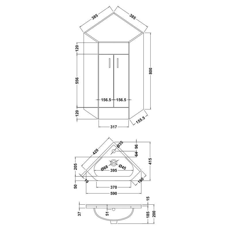 Mayford Gloss White 367mm (w) x 800mm (h) x 367mm (d) Two Door Corner Unit And Basin - Technical Drawing