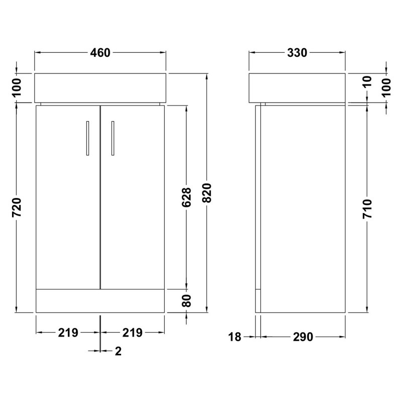 Mayford Gloss White Floor Standing 450mm (w) x 820mm (h) x 330mm (d) Cabinet & Basin - Technical Drawing