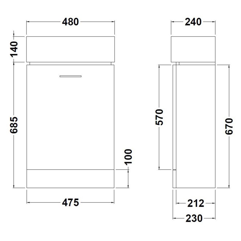 Mayford Gloss White Floor Standing 480mm (w) x 835mm (h) x 243mm (d) Cabinet & Basin - Technical Drawing