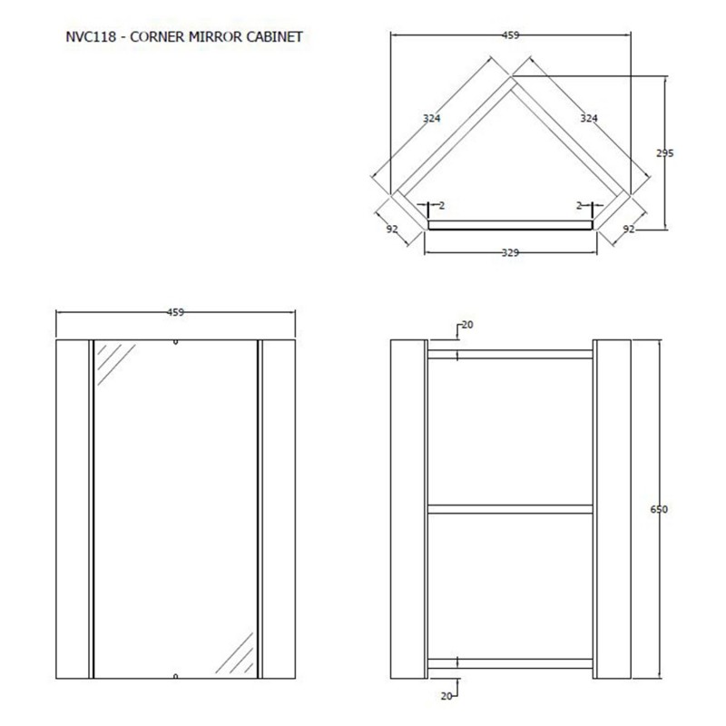 White Corner Mounted 459mm(W) x 650mm(H) Mirror Cabinet - Technical Drawing