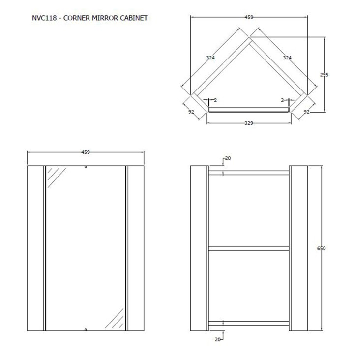 White Corner Mounted 459mm(W) x 650mm(H) Mirror Cabinet - Technical Drawing