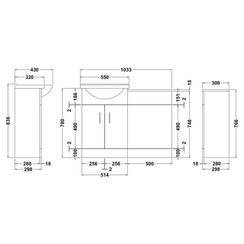 Cloakroom Furniture Pack - Round Basin - Technical Drawing