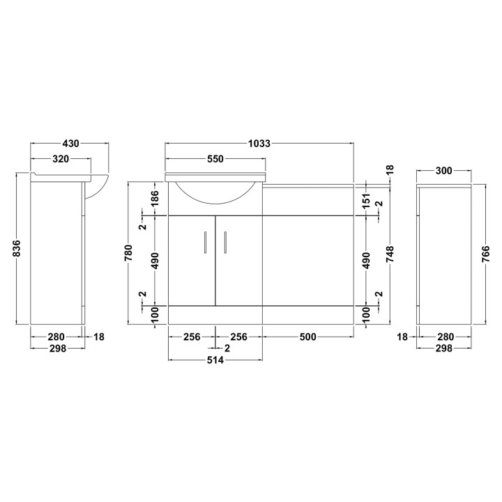 Cloakroom Furniture Pack - Round Basin - Technical Drawing
