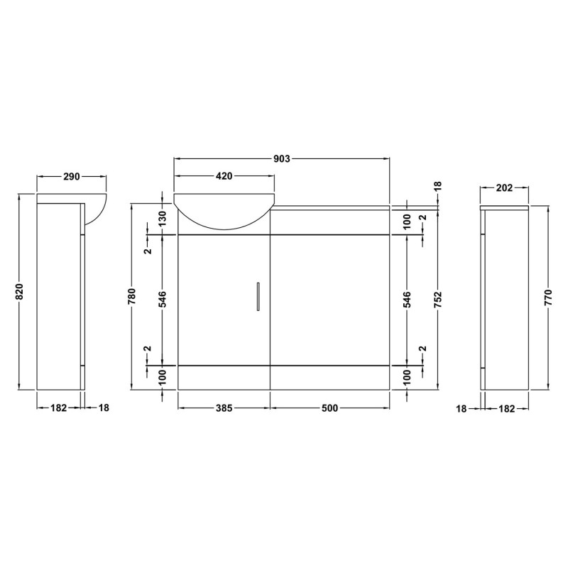 Cloakroom Furniture Pack - Without Tap - Technical Drawing