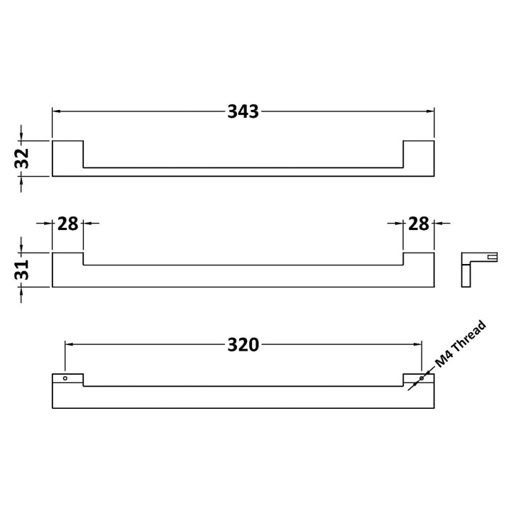 343mm Square Drop D Shaped Furniture Handle - Technical Drawing