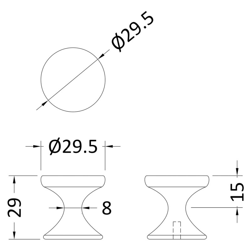 Matt Black Indented Round Knob - 30mm (w) x 30mm (h) x 29mm (d) - Technical Drawing