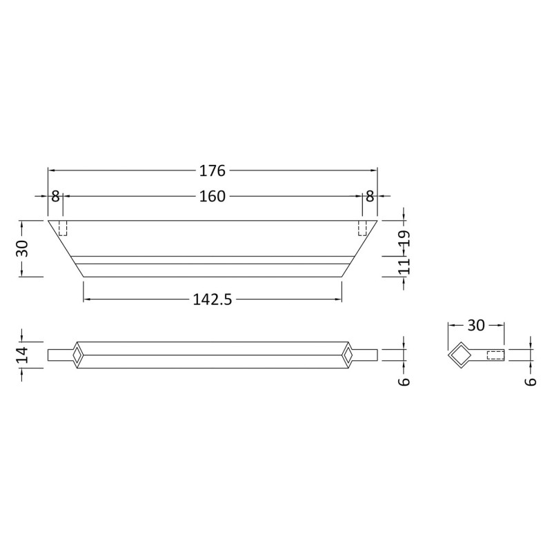 Chrome Profile Handle - 176mm (w) x 14mm (h) x 30mm (d) - Technical Drawing