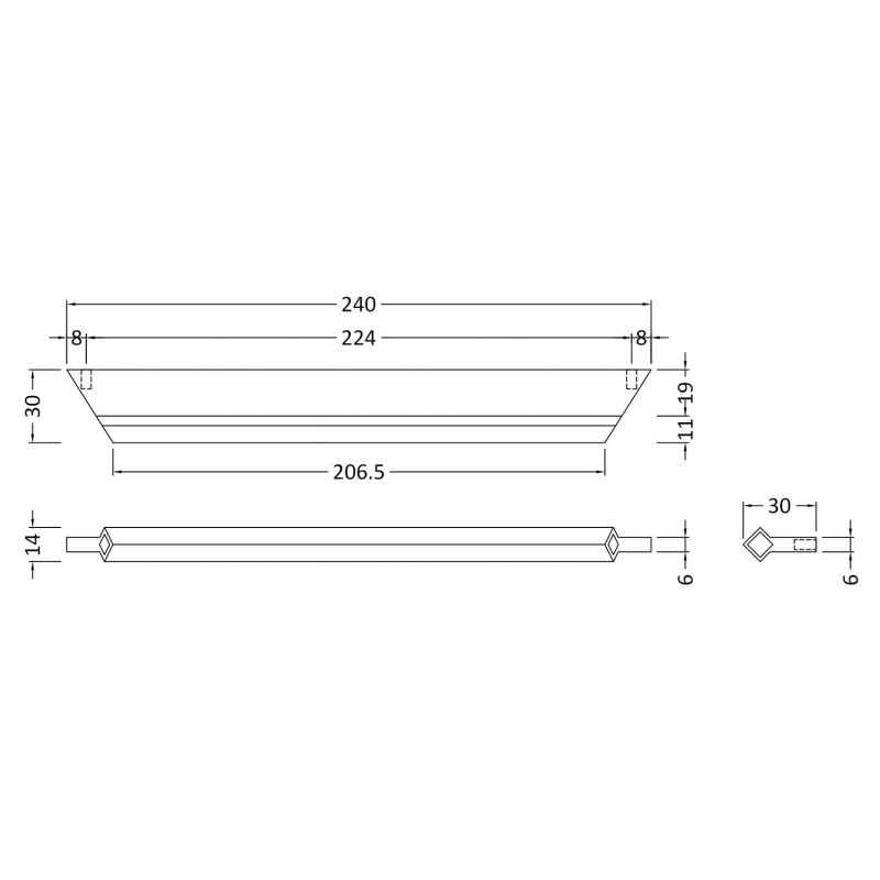 Chrome Profile Handle - 240mm (w) x 14mm (h) x 30mm (d) - Technical Drawing