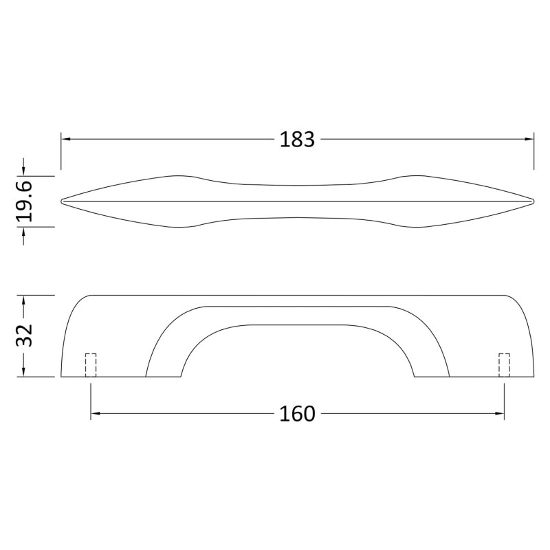 Matt Black D Shaped Handle - 183mm (w) x 20mm (h) x 32mm (d) - Technical Drawing