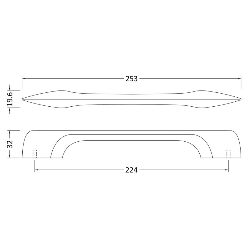 Chrome D Shaped Handle - 253mm (w) x 20mm (h) x 32mm (d) - Technical Drawing