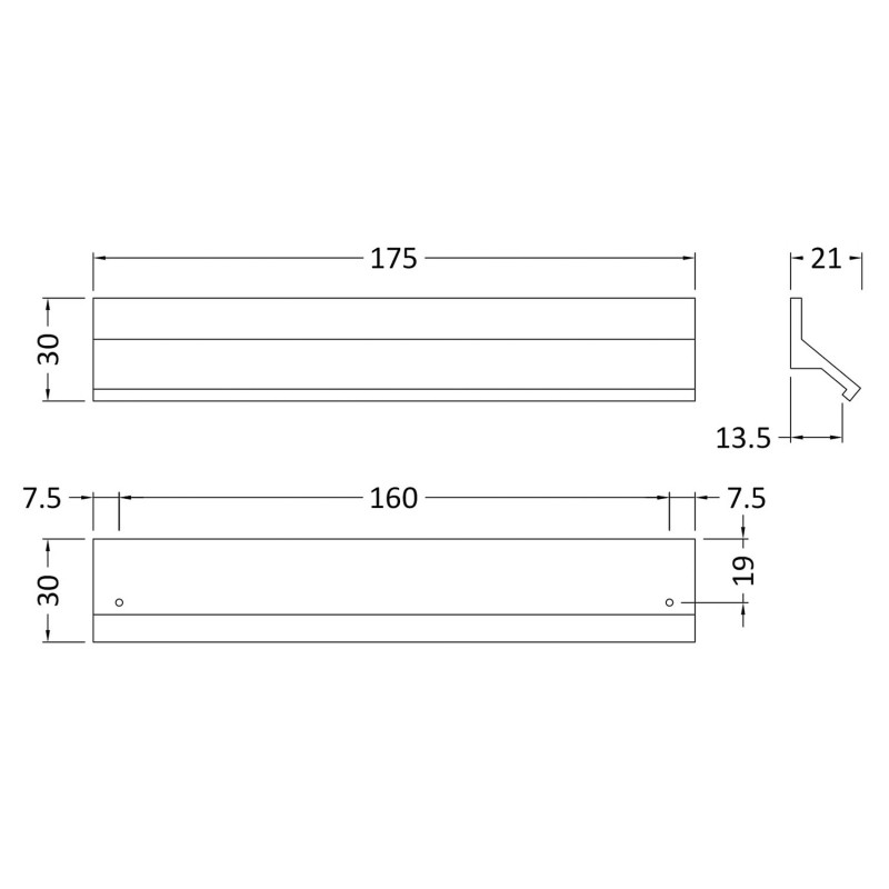 Matt Black Finger Pull Handle - 175mm (w) x 30mm (h) x 30mm (d) - Technical Drawing