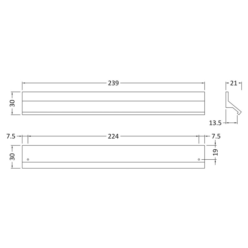 Chrome Finger Pull Handle - 239mm (w) x 30mm (h) x 30mm (d) - Technical Drawing