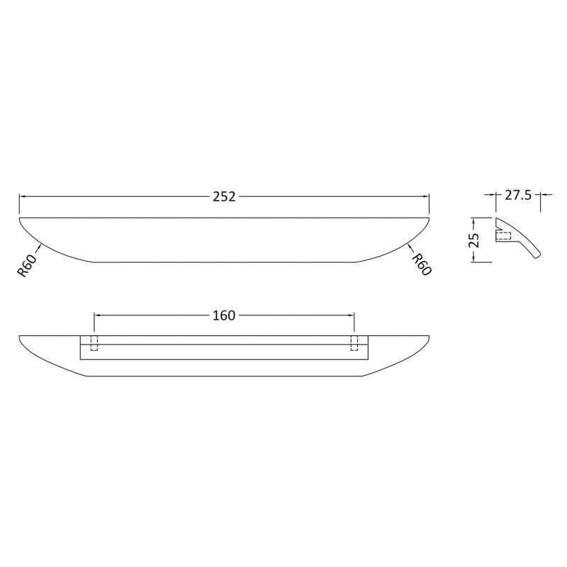 Chrome Finger Pull Handle - 252mm (w) x 25mm (h) x 28mm (d) - Technical Drawing