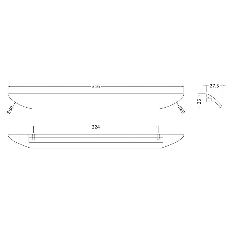 Chrome Finger Pull Handle - 316mm (w) x 25mm (h) x 28mm (d) - Technical Drawing