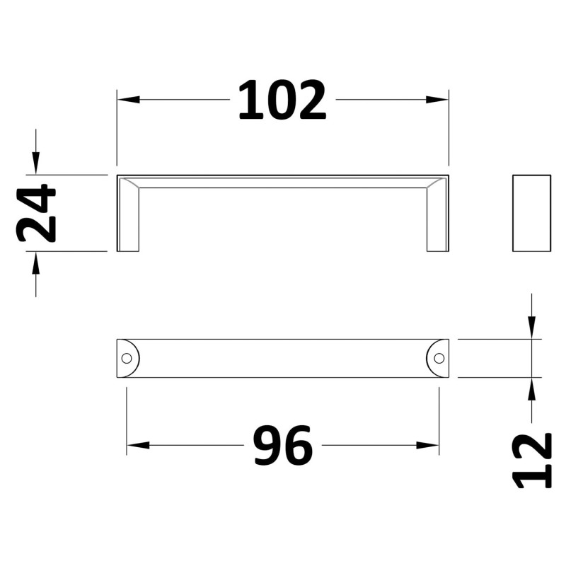 Chrome D Handle - 102mm (w) x 12mm (h) x 24mm (d) - Technical Drawing